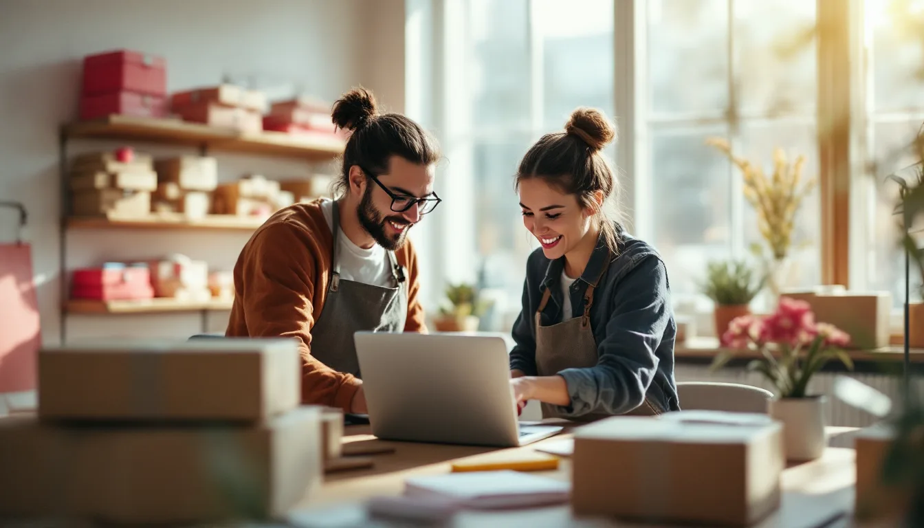 A small online store team in a bright studio, parcels on the table and a laptop open